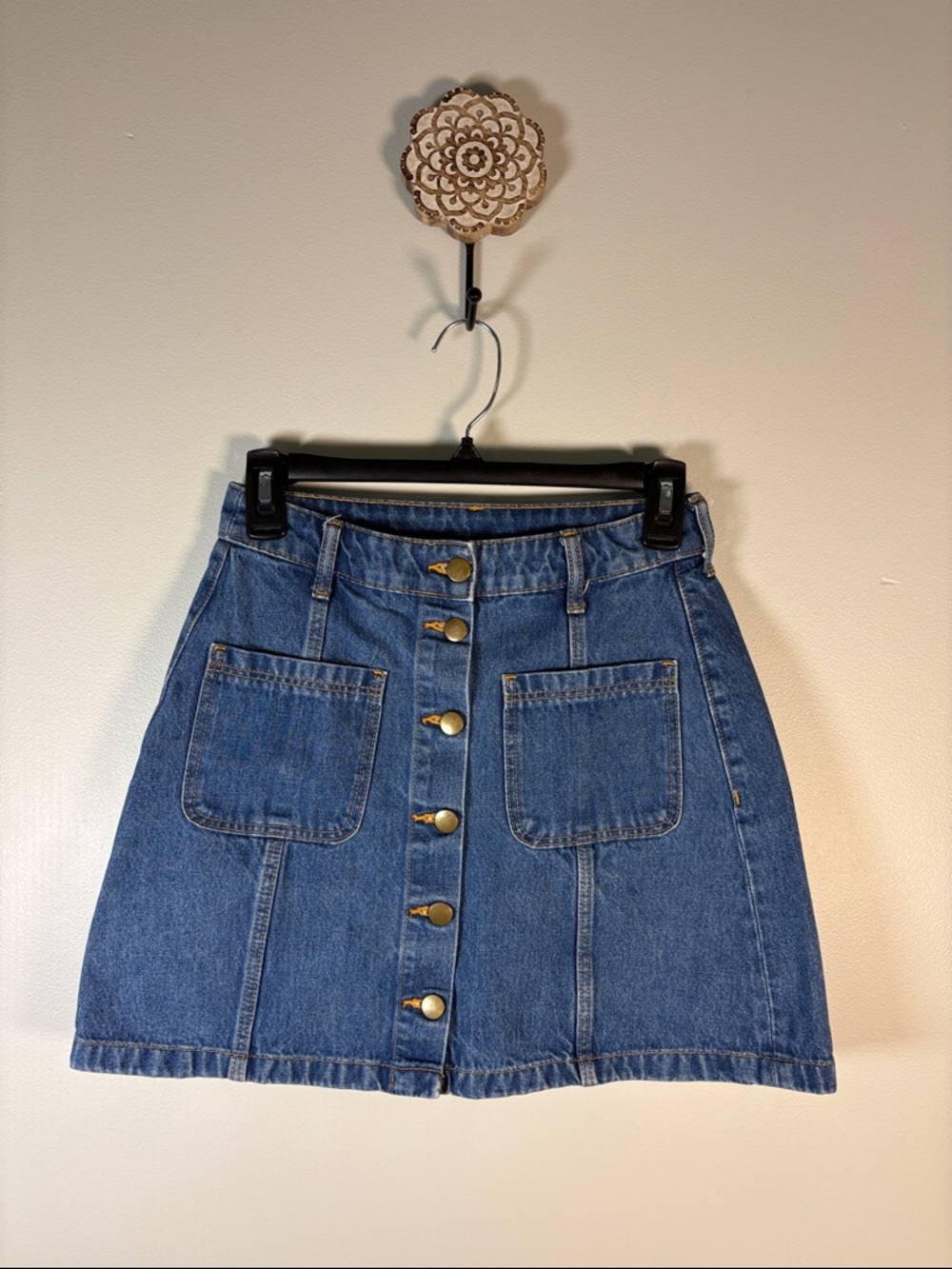 H&M Blue Denim Button-Front Mini Skirt with Patch Pockets